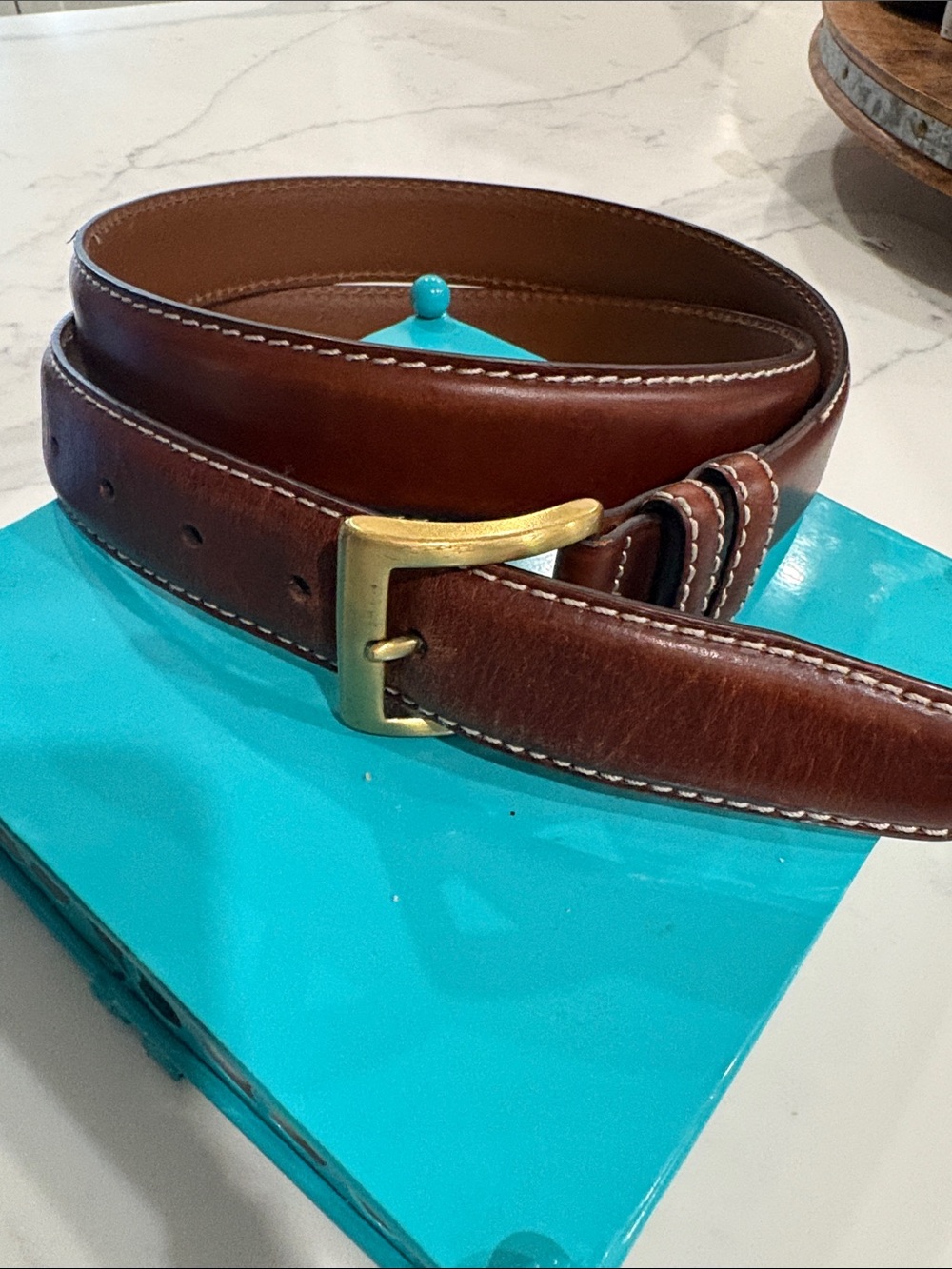 Jos. A. Bank Chestnut Brown Leather Belt with Brass-Tone Buckle